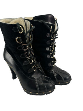 Michael Kors winter warrior clog boots Black leather shearling lined heeled sz 8